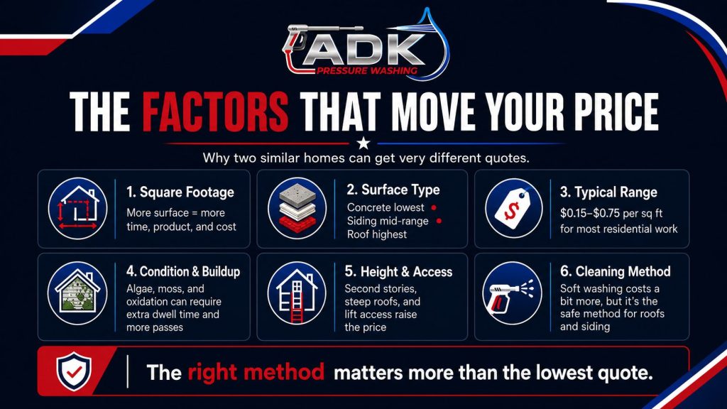 Infographic showing the main factors that affect pressure washing cost, including square footage, surface type, condition, access, height, and cleaning method.