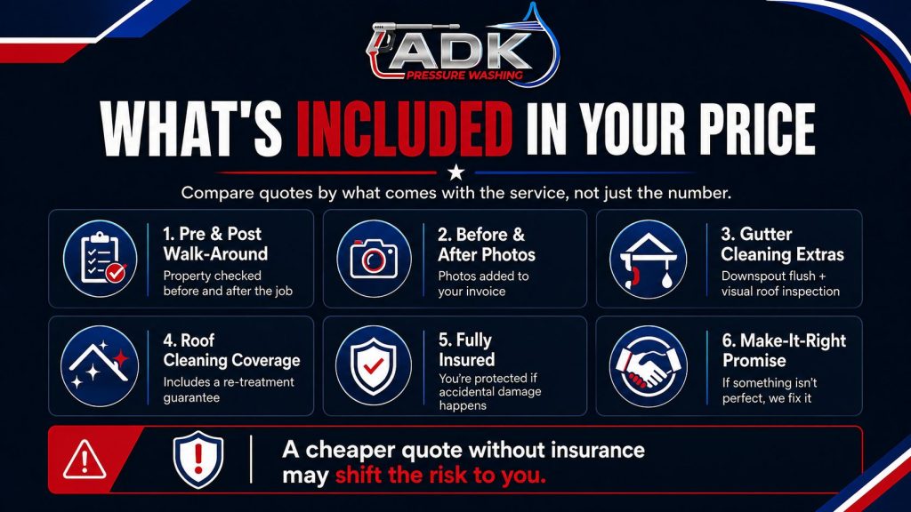 Infographic showing walk-arounds, before-and-after photos, service guarantees, gutter cleaning extras, and insurance included with ADK Pressure Washing.