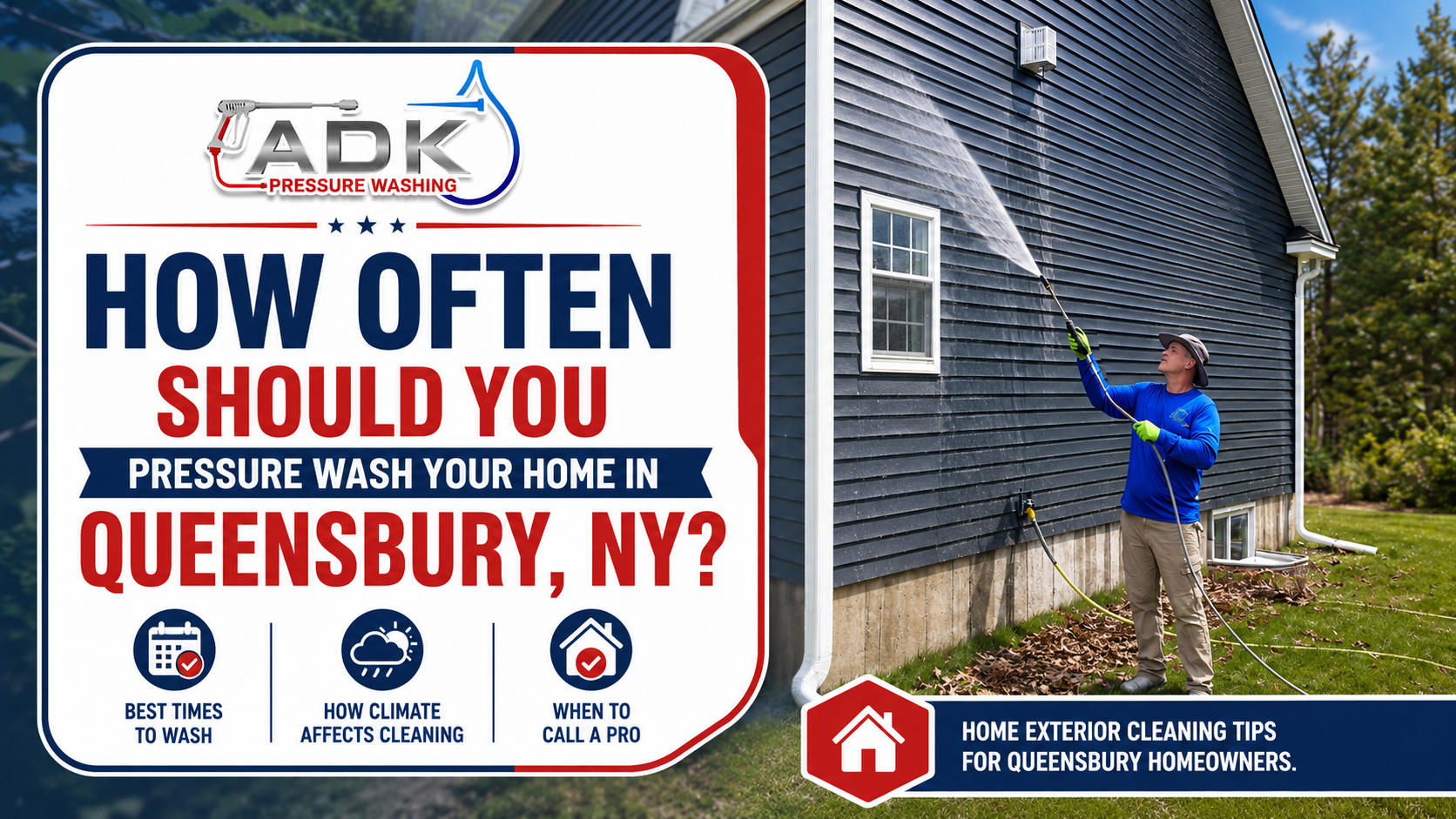 ADK Pressure Washing technician cleaning the exterior siding of a home in Queensbury, NY.