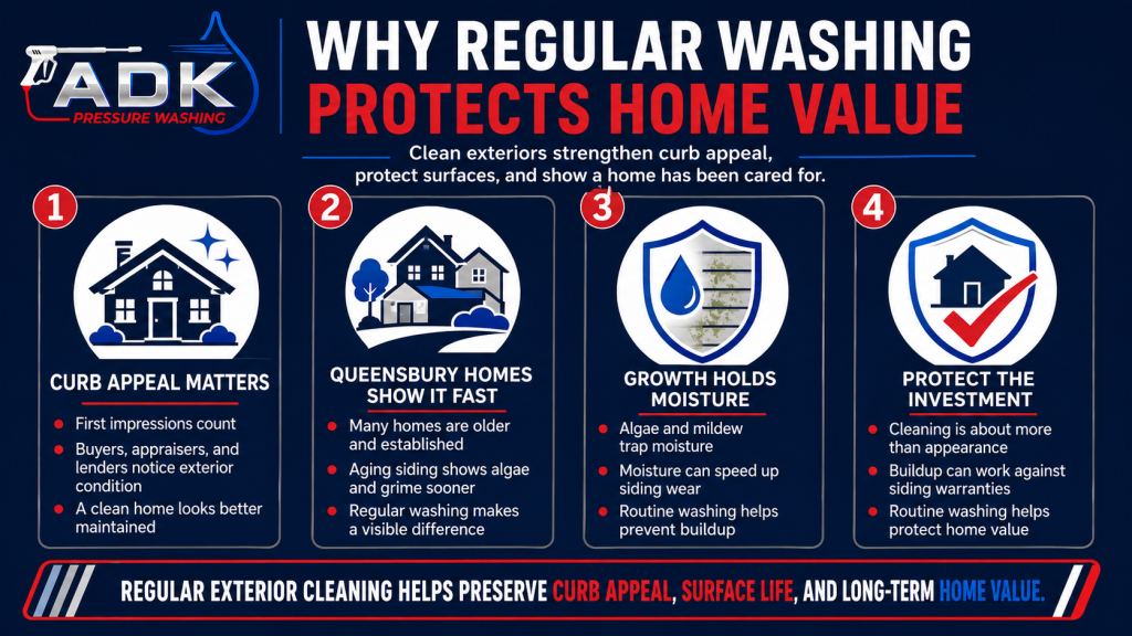 Infographic explaining how regular exterior washing helps protect Queensbury home value through stronger curb appeal, reduced moisture buildup, better siding care, and long-term property protection.